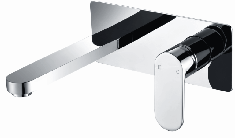 Wall-mounted chrome kitchen faucet with single lever handle.