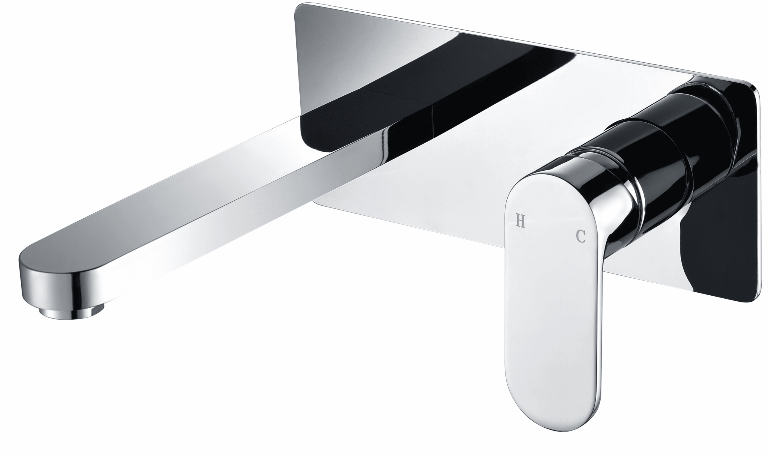 Wall-mounted chrome kitchen faucet with single lever handle.