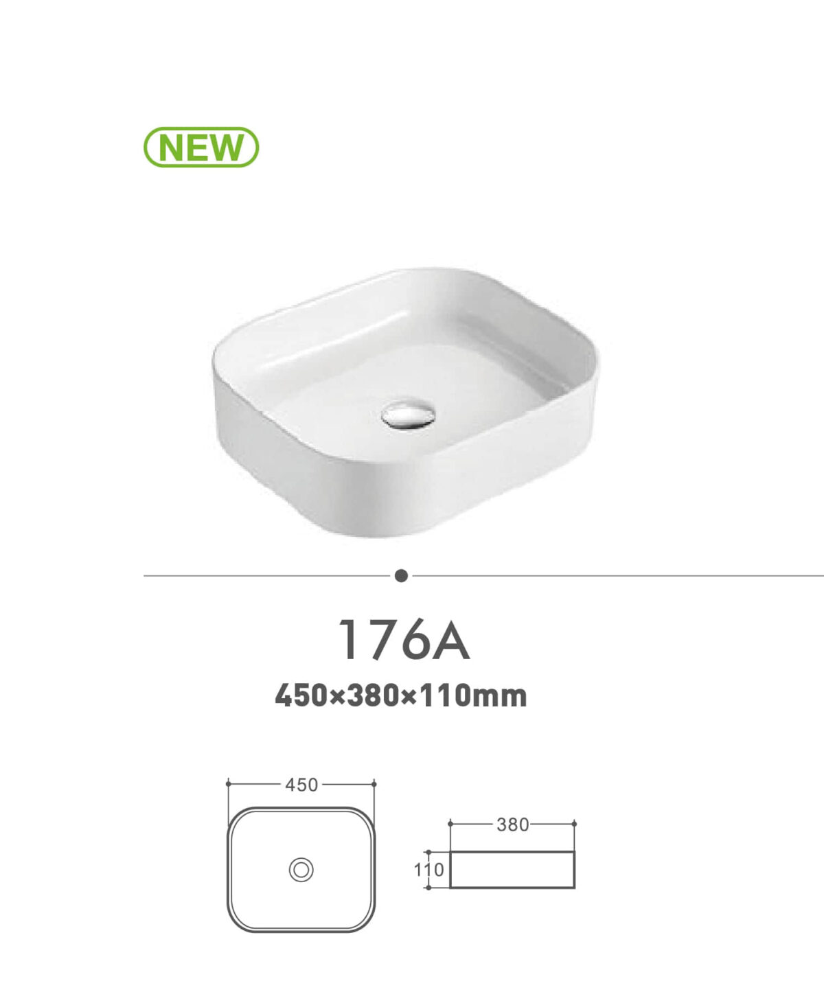 White rectangular sink model 176A with dimensions 450x380x110mm.