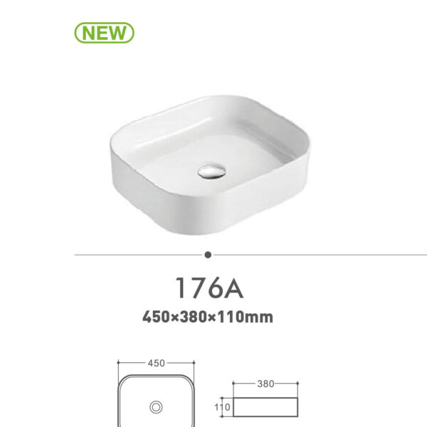 White rectangular sink model 176A with dimensions 450x380x110mm.
