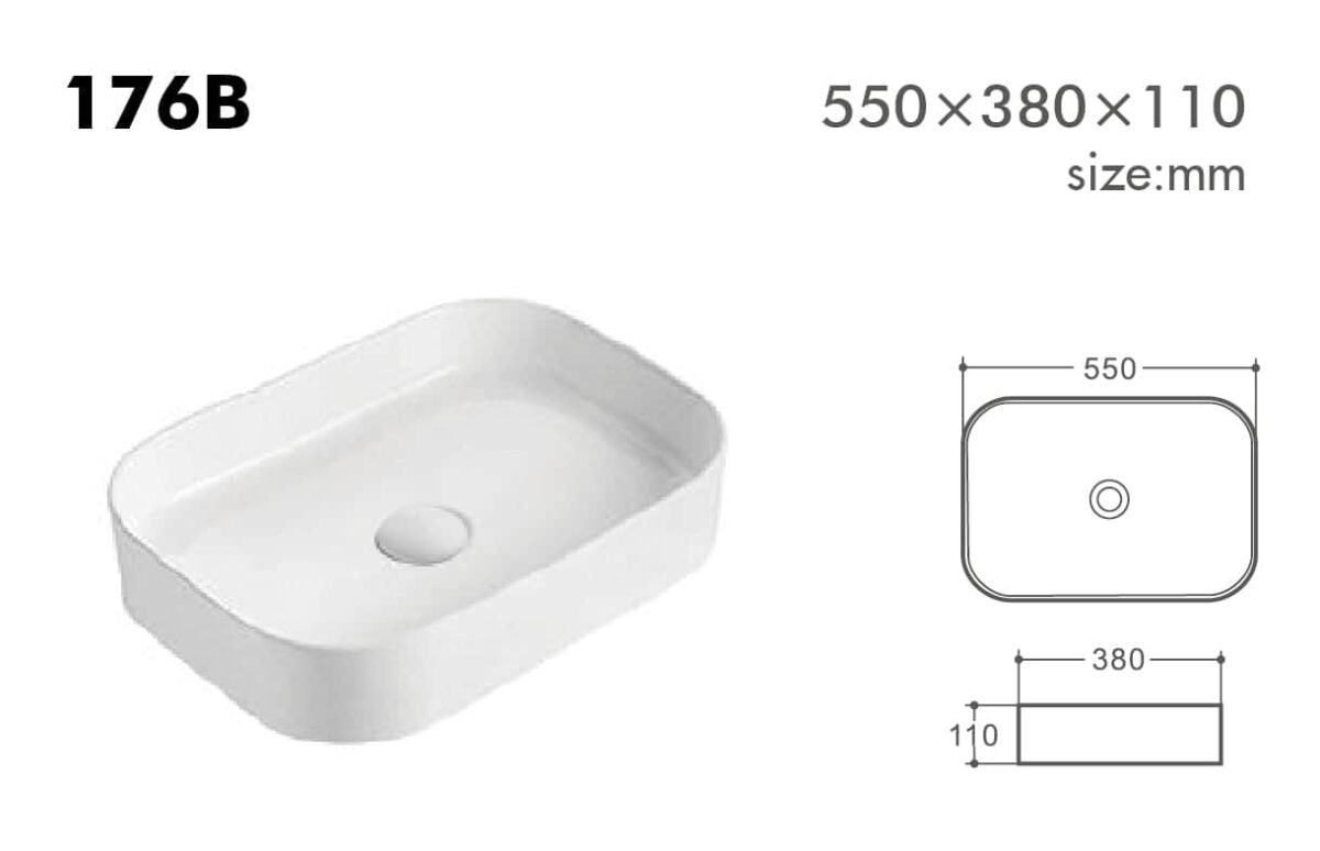 Rectangular white sink with dimensions 550x380x110 mm.