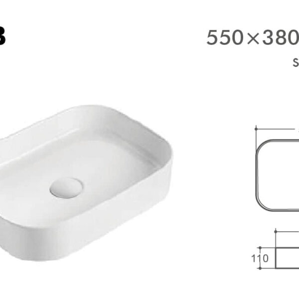 Rectangular white sink with dimensions 550x380x110 mm.
