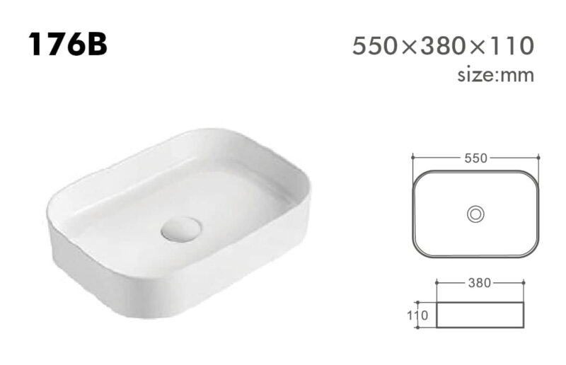 Rectangular white sink with dimensions 550x380x110 mm.