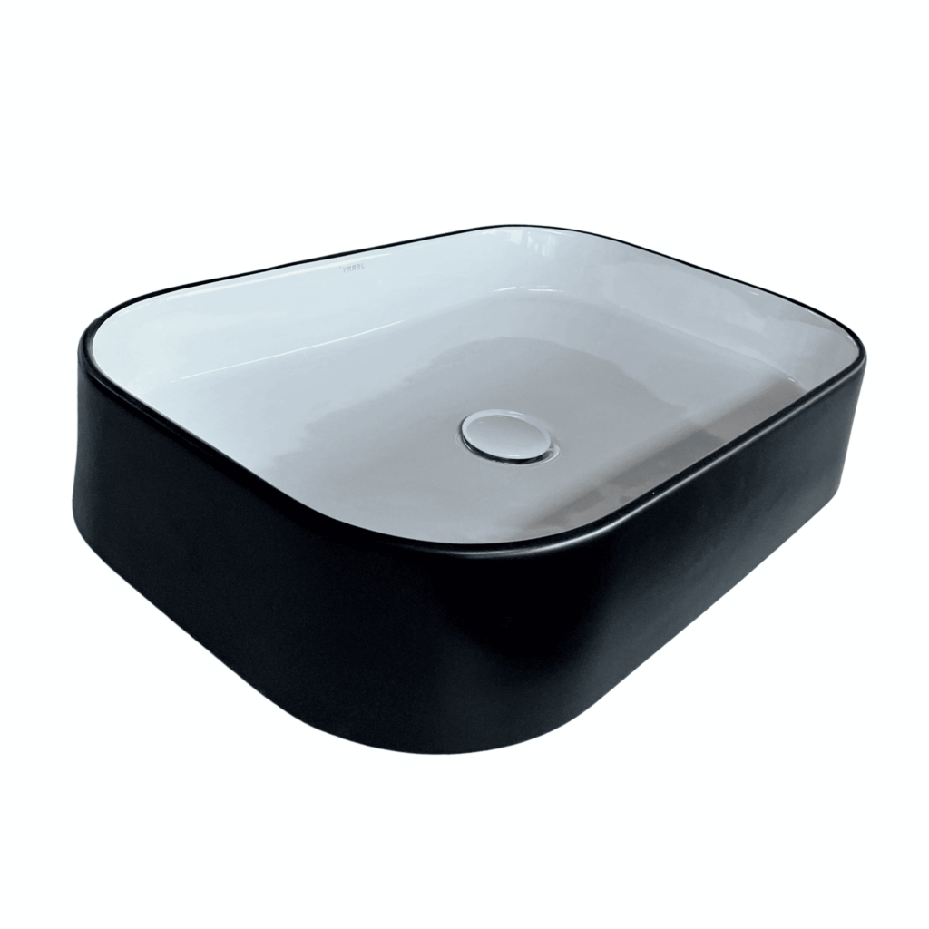 Rectangular black and white ceramic bathroom sink.