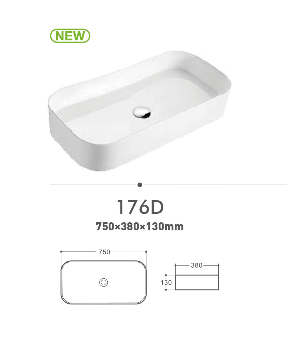 Rectangular white sink model 176D with dimensions 750x380x130mm.