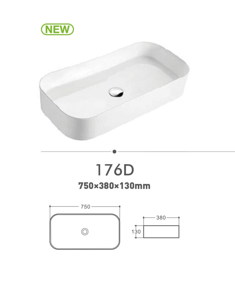 Rectangular white sink model 176D with dimensions 750x380x130mm.