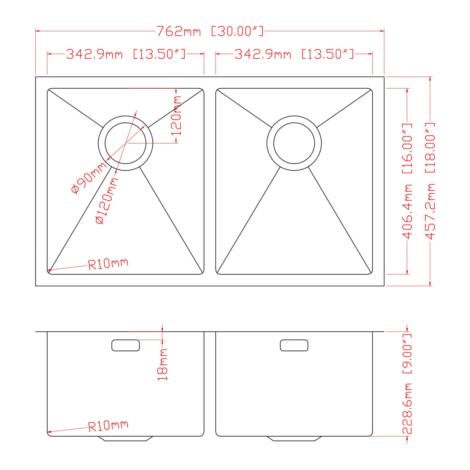 Double kitchen sink dimensions with detailed measurements in millimeters and inches.