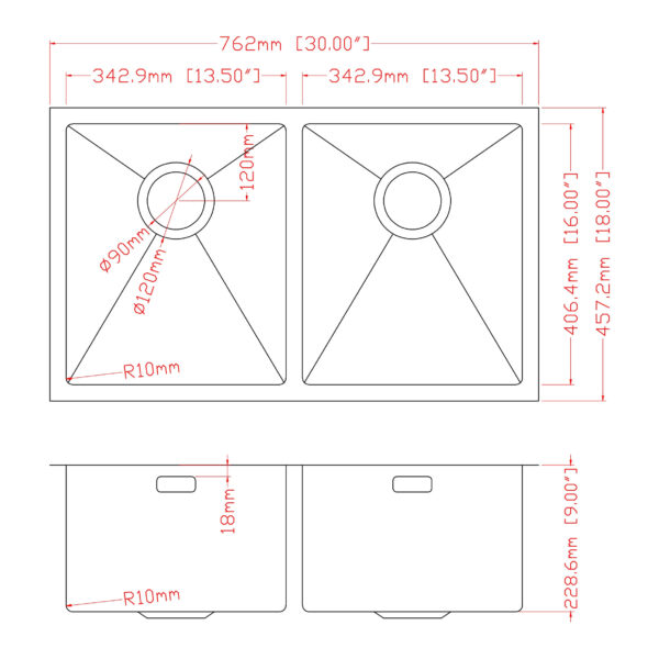 Double kitchen sink dimensions with detailed measurements in millimeters and inches.