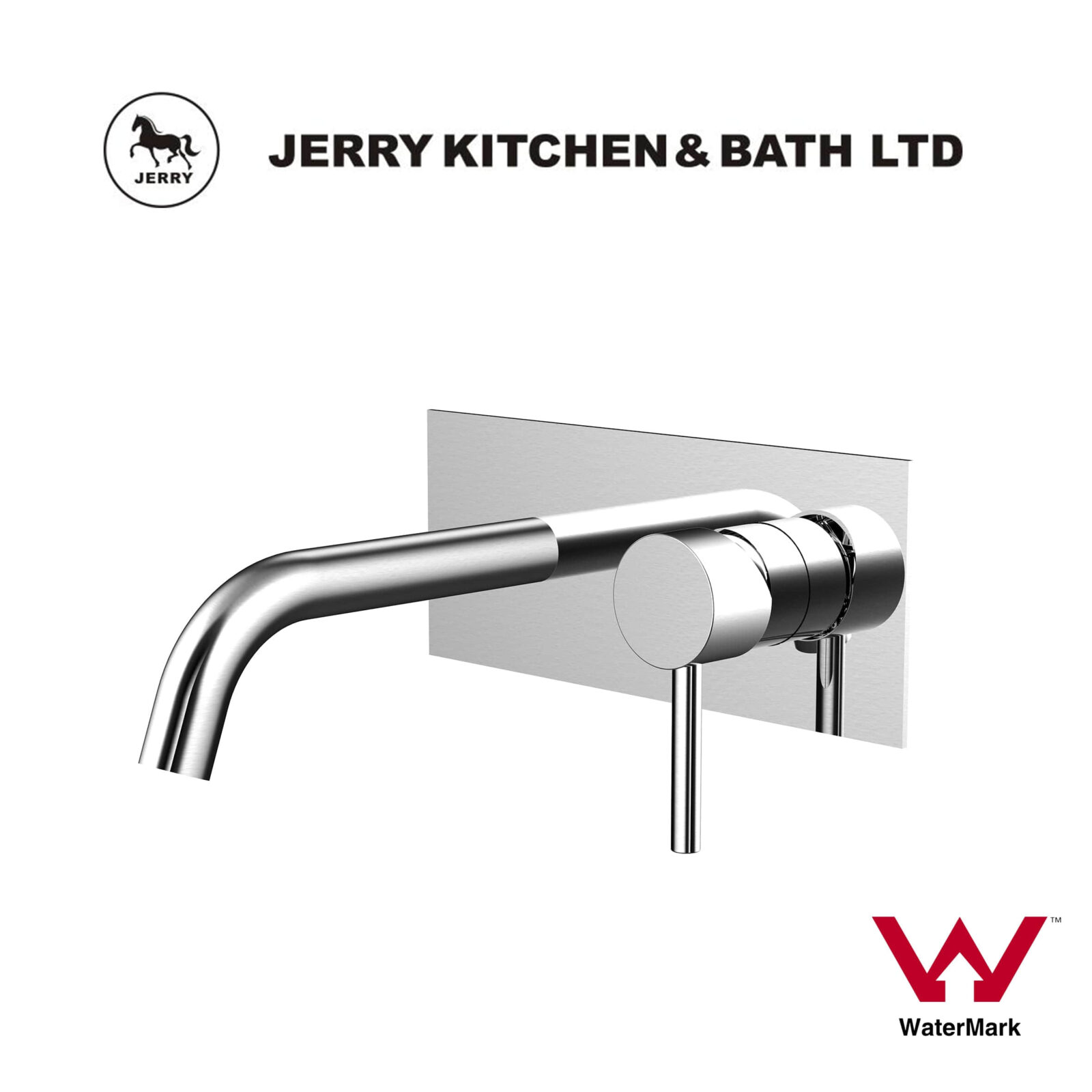 Wall-mounted stainless steel faucet by Jerry Kitchen & Bath Ltd, WaterMark certified.