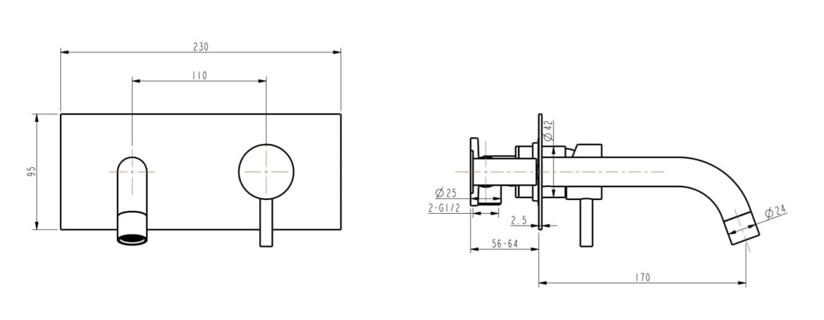Technical drawing of a wall-mounted kitchen faucet with dimensions.