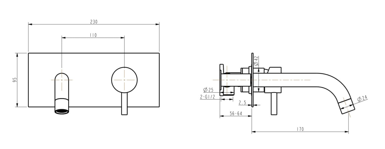 Technical drawing of a wall-mounted kitchen faucet with dimensions.