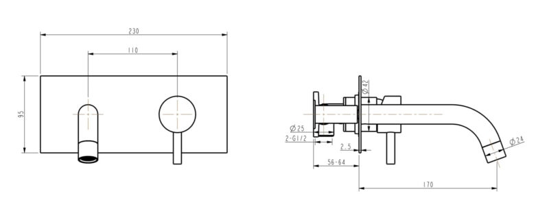 Technical drawing of a wall-mounted kitchen faucet with dimensions.