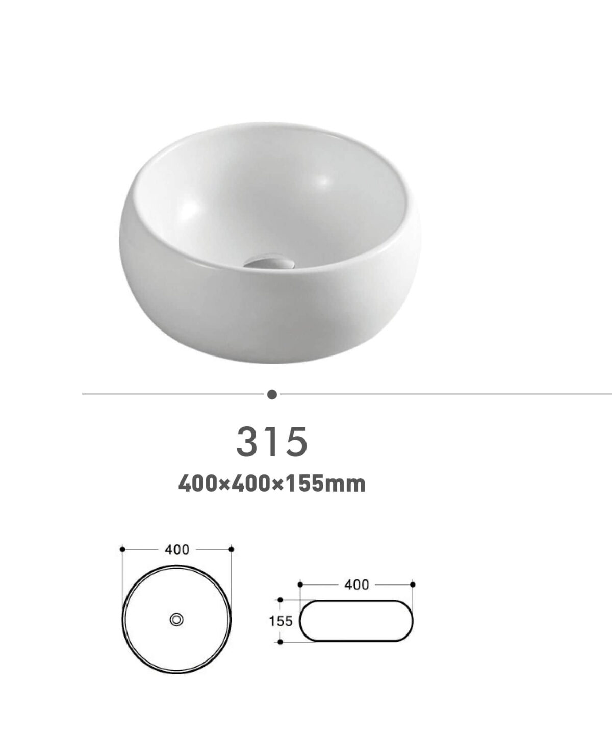 Round white ceramic sink with dimensions 400x400x155mm.