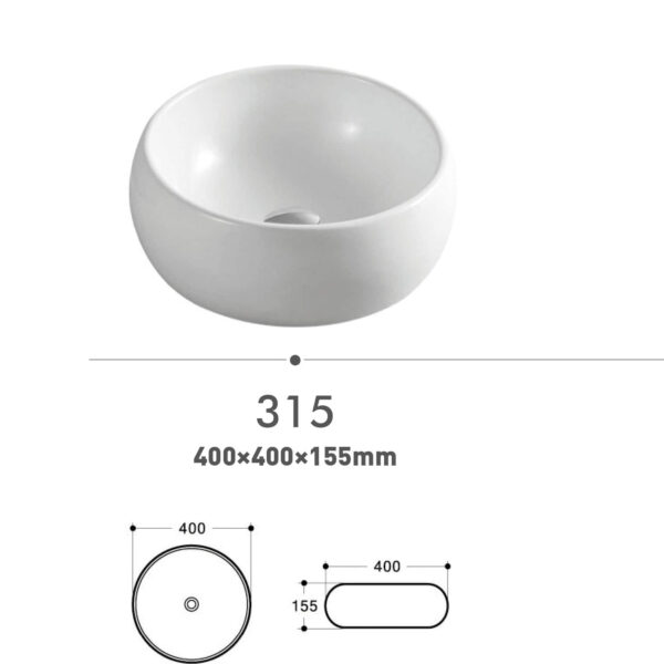 Round white ceramic sink with dimensions 400x400x155mm.