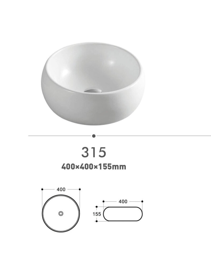 Round white ceramic sink with dimensions 400x400x155mm.