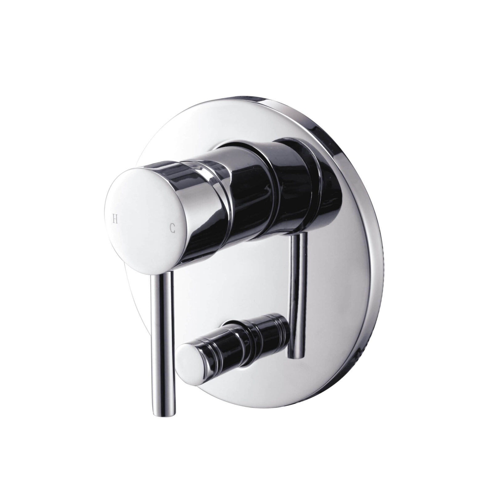 Chrome shower mixer with dual handles for hot and cold water.