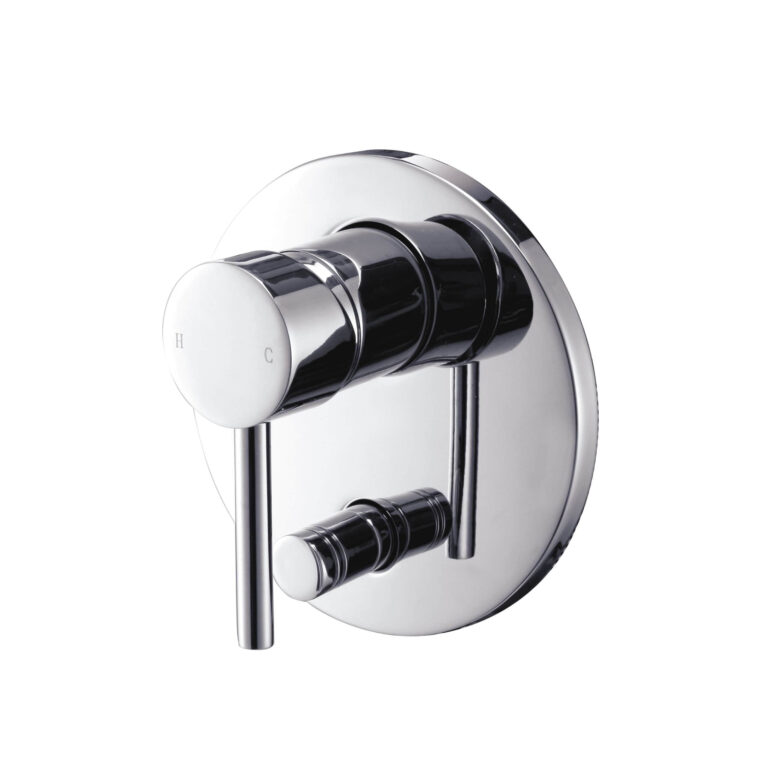 Chrome shower mixer with dual handles for hot and cold water.