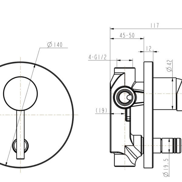 Technical drawing of a round shower mixer with dimensions.