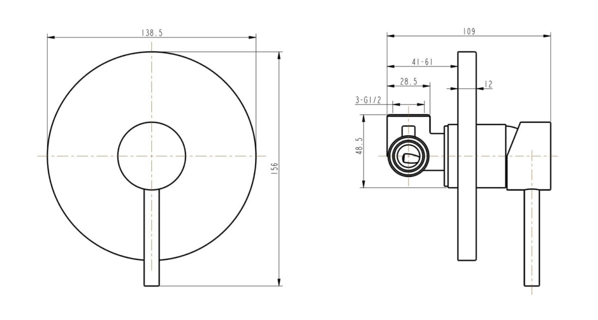 Technical drawing of a wall-mounted shower mixer with dimensions.