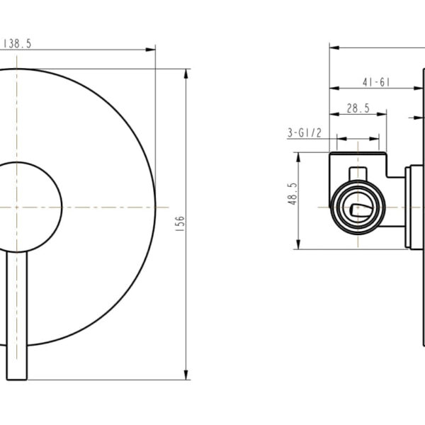Technical drawing of a wall-mounted shower mixer with dimensions.