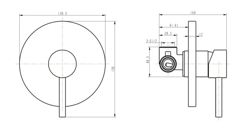 Technical drawing of a wall-mounted shower mixer with dimensions.