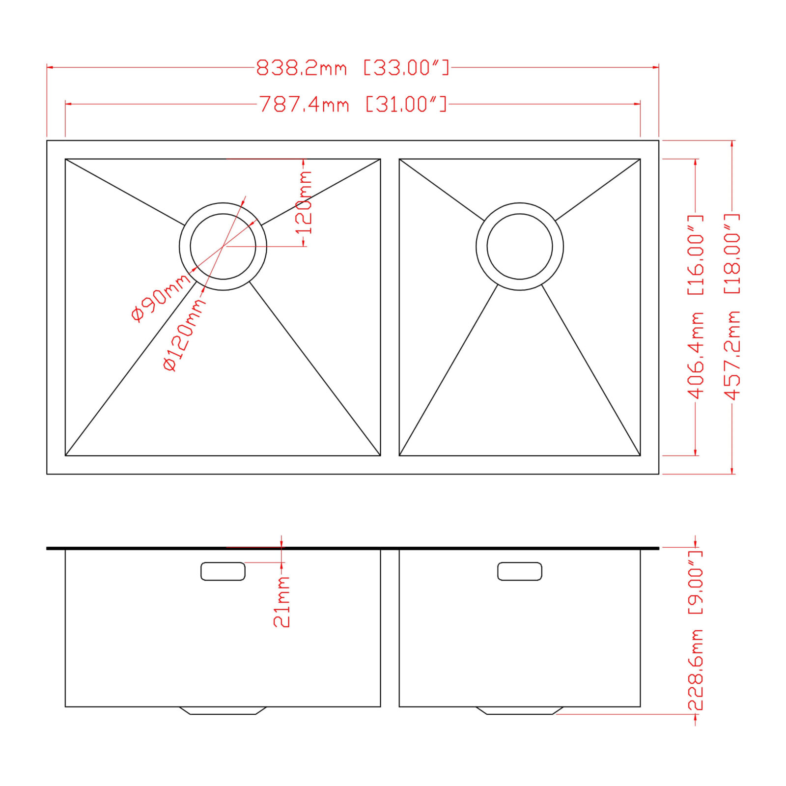 Technical drawing of a double kitchen sink with dimensions in millimeters and inches.