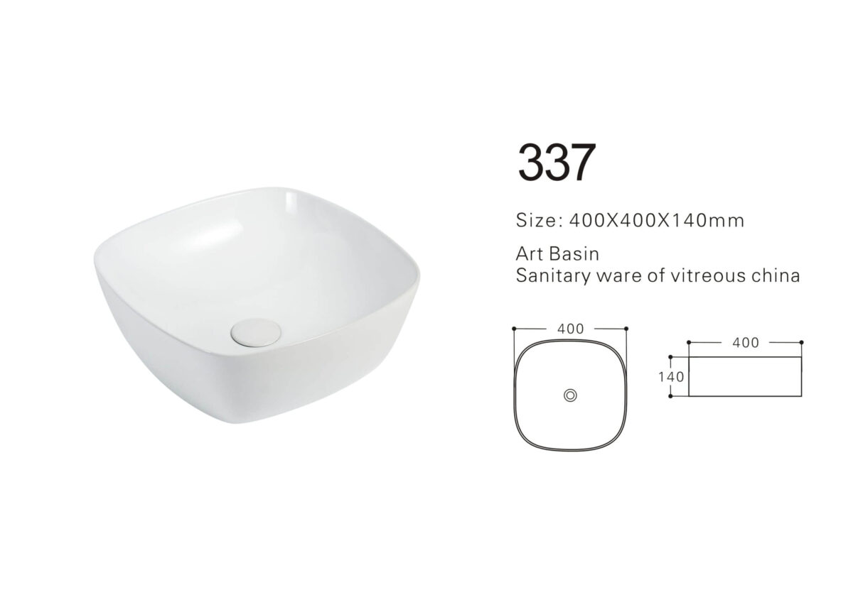 White square art basin with dimensions 400x400x140mm, sanitary ware of vitreous china.