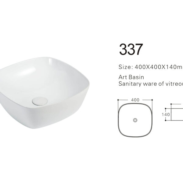 White square art basin with dimensions 400x400x140mm, sanitary ware of vitreous china.