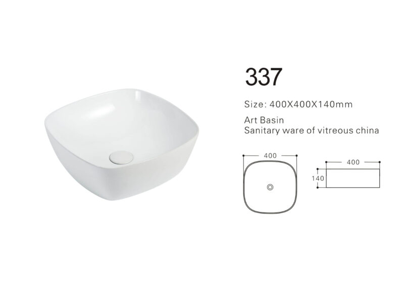 White square art basin with dimensions 400x400x140mm, sanitary ware of vitreous china.