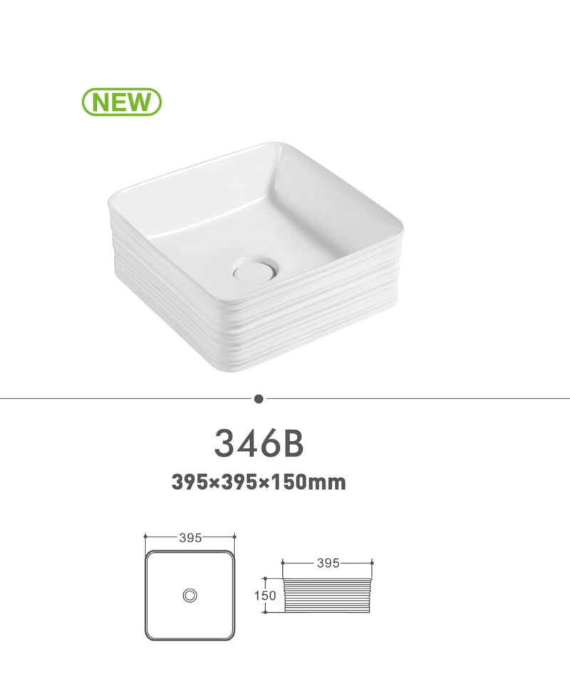 Square white sink model 346B with dimensions 395x395x150mm.