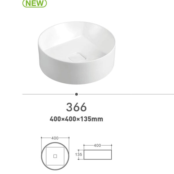 Round white ceramic basin, model 366, dimensions 400x400x135mm.