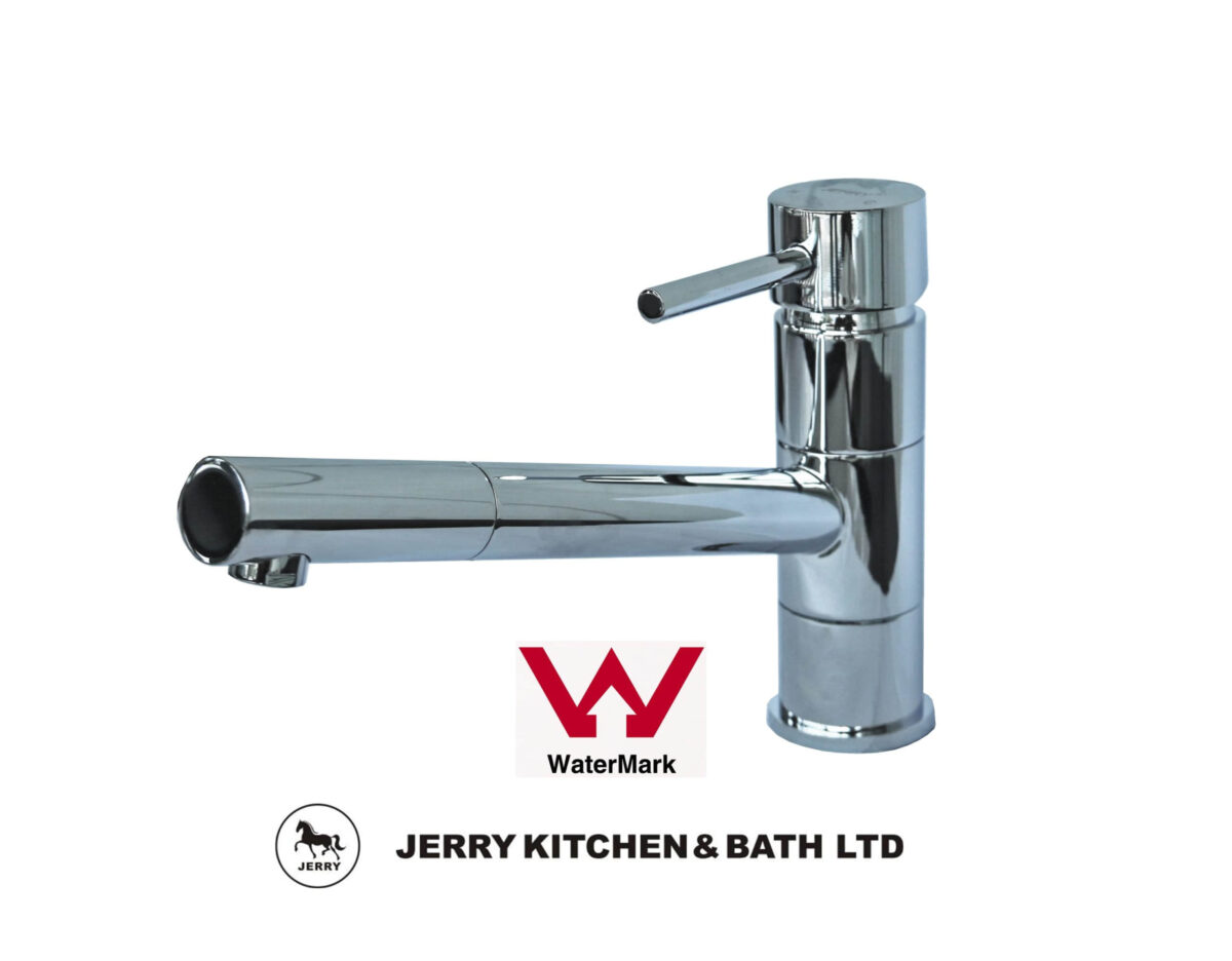 Chrome kitchen faucet with Jerry Kitchen & Bath Ltd logo.