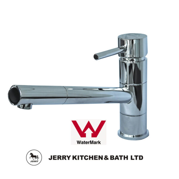 Chrome kitchen faucet with Jerry Kitchen & Bath Ltd logo.