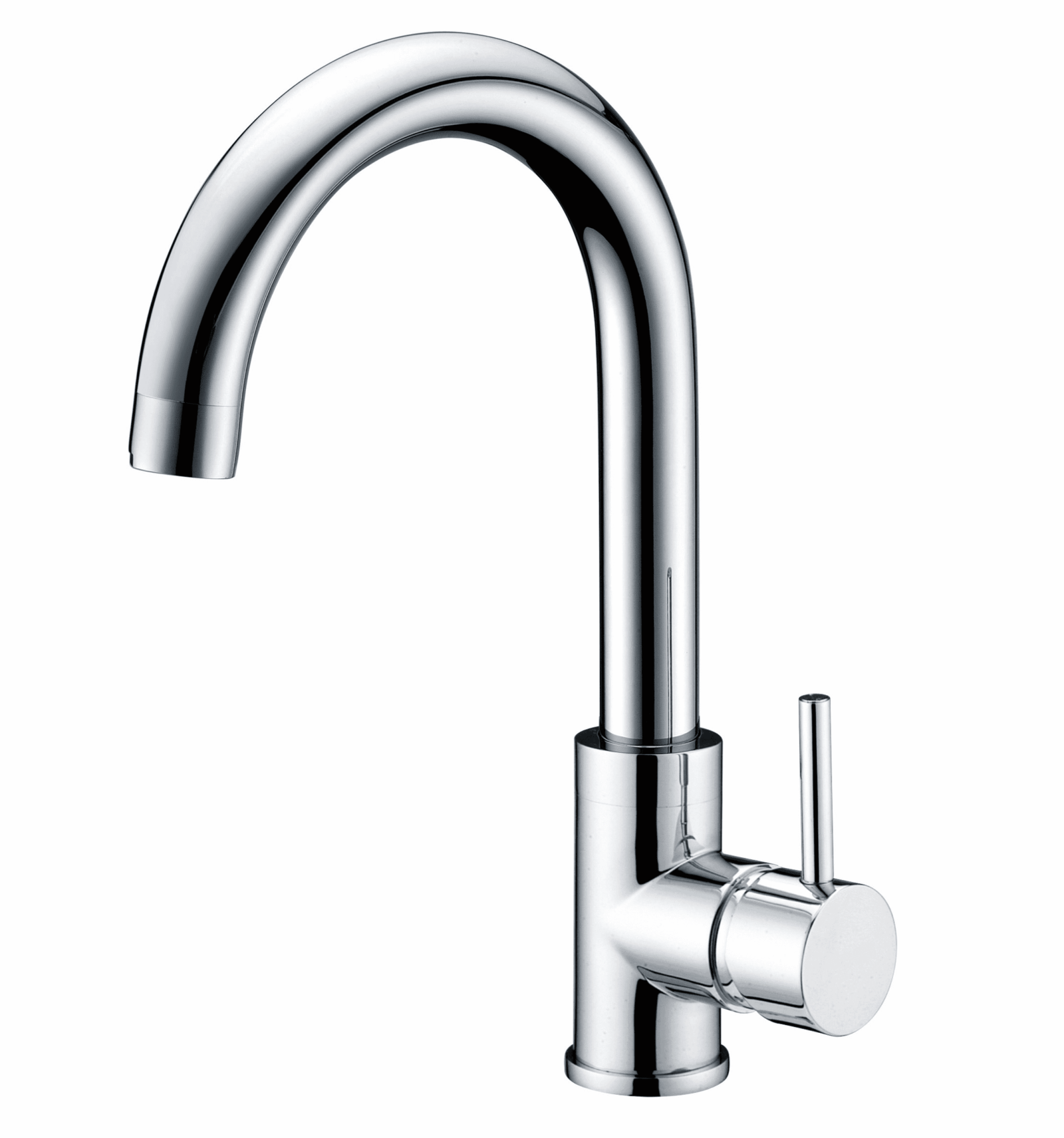 Chrome kitchen faucet with smooth gooseneck spout and single lever handle