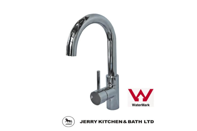 Chrome kitchen faucet with Jerry Kitchen & Bath Ltd logo.