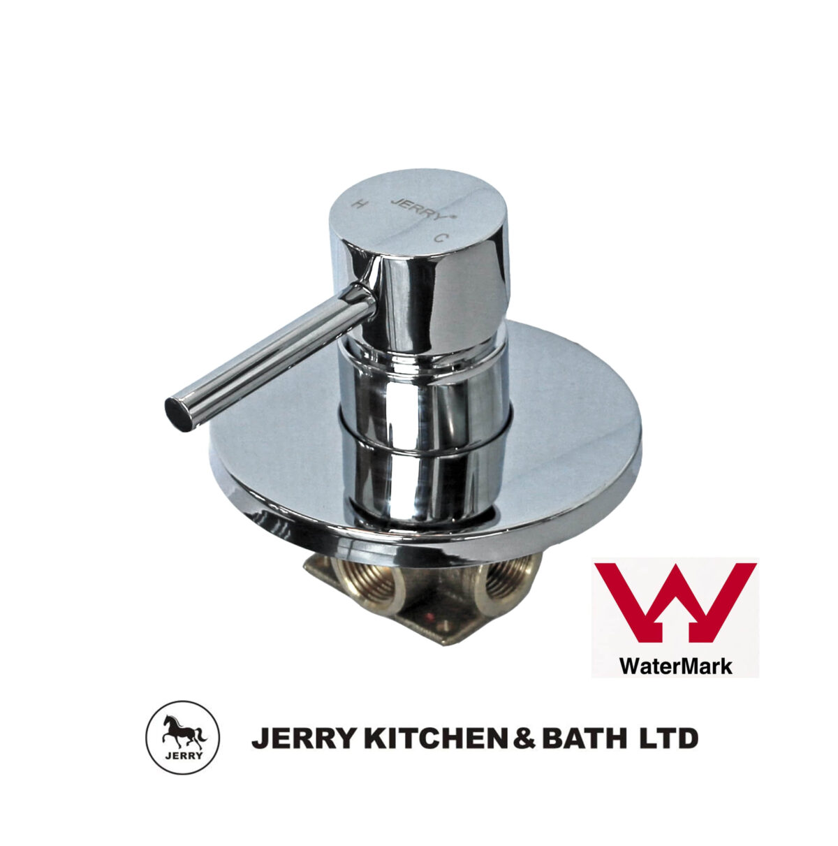 Chrome faucet with WaterMark logo, Jerry Kitchen & Bath branding.