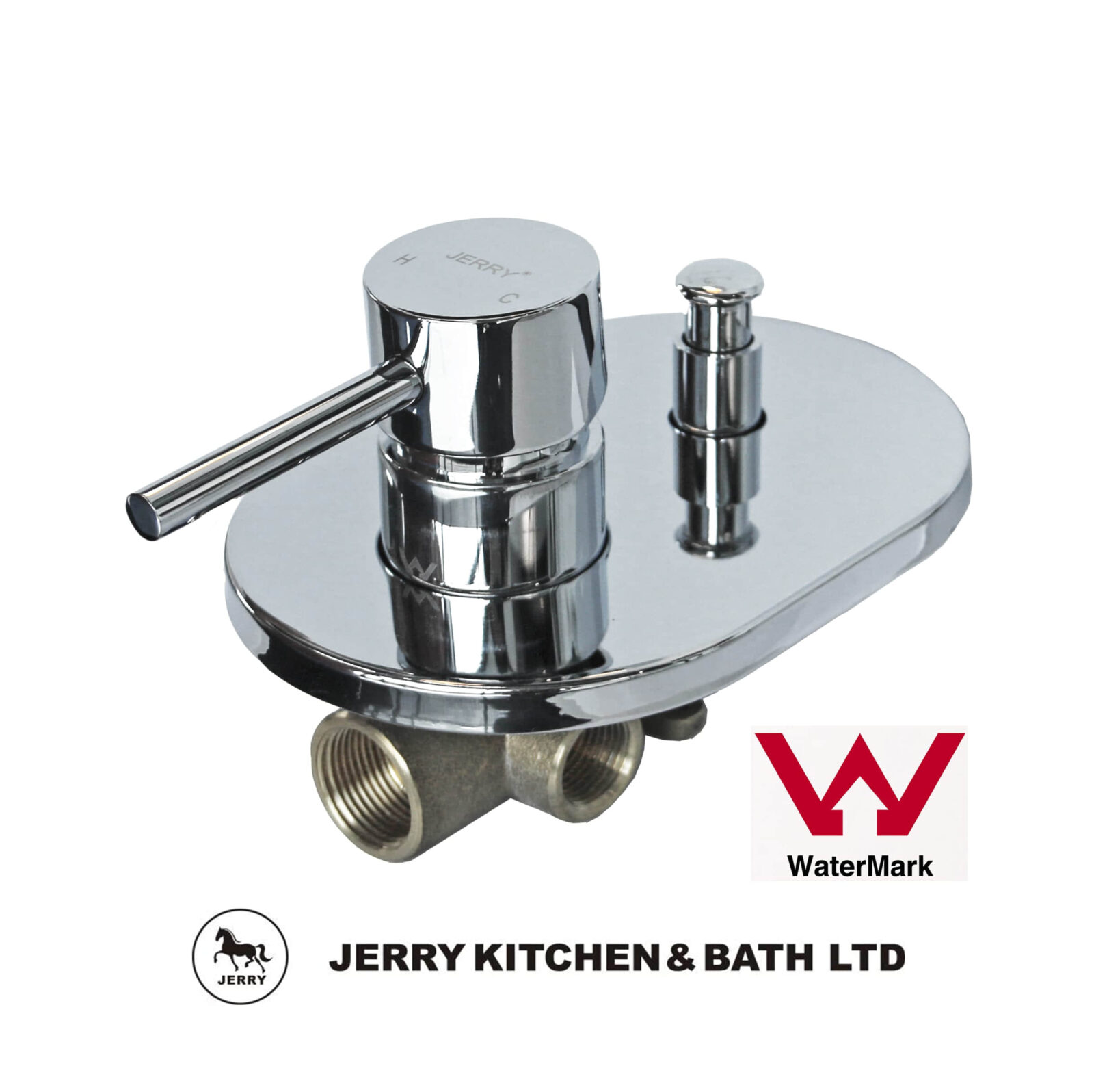 Chrome faucet with Jerry Kitchen & Bath Ltd logo and WaterMark certification.