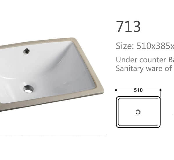 Under counter basin, size 510x385x180mm, sanitary ware of vitreous china.