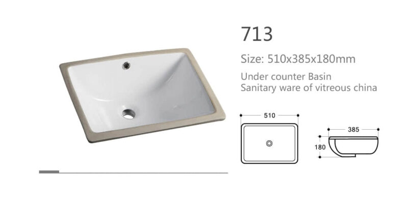 Under counter basin, size 510x385x180mm, sanitary ware of vitreous china.