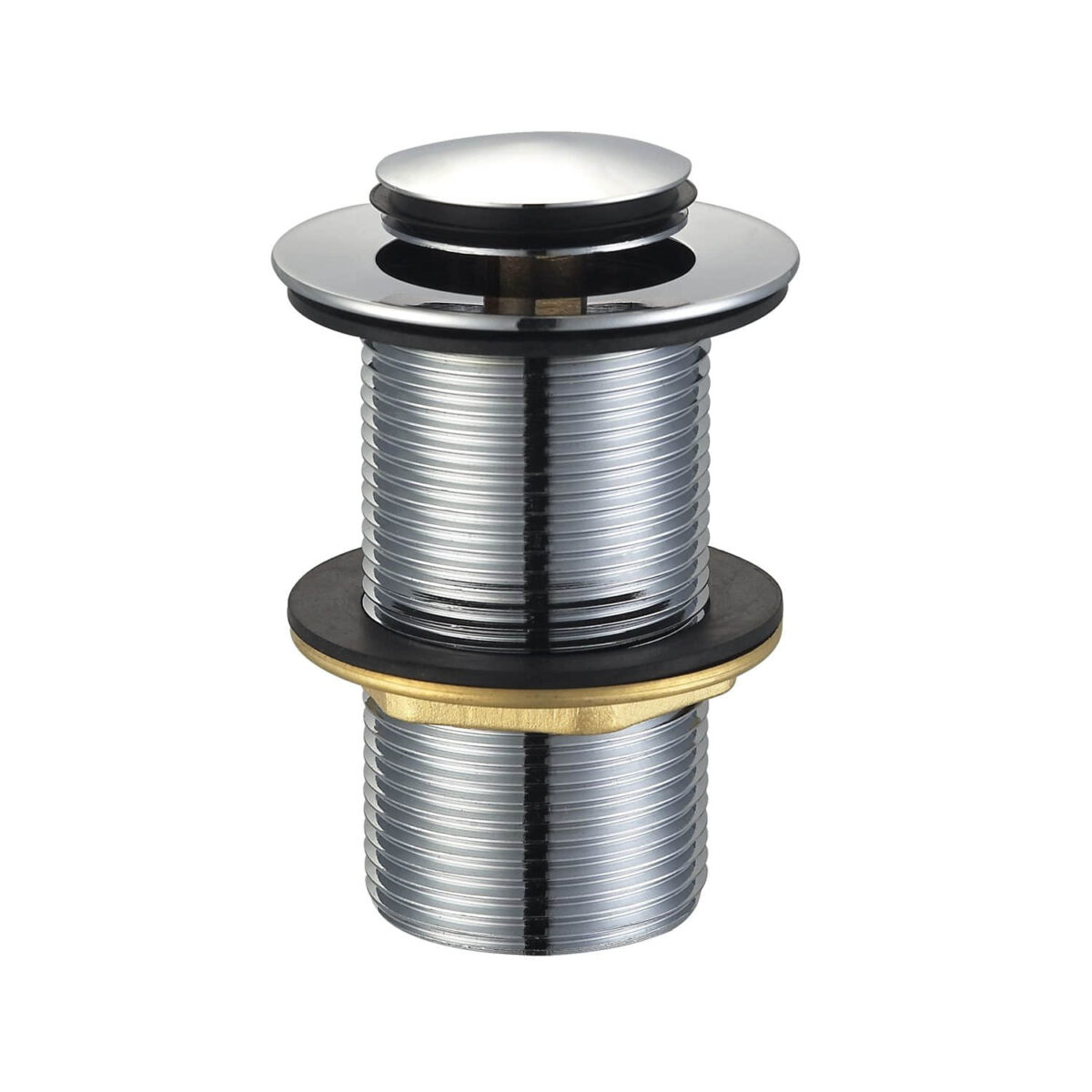 Chrome pop-up drain assembly for bathroom sink.