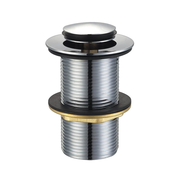 Chrome pop-up drain assembly for bathroom sink.