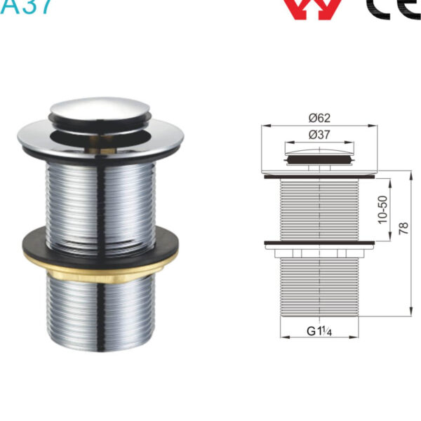Diagram and photo of a metal sink drain with dimensions.