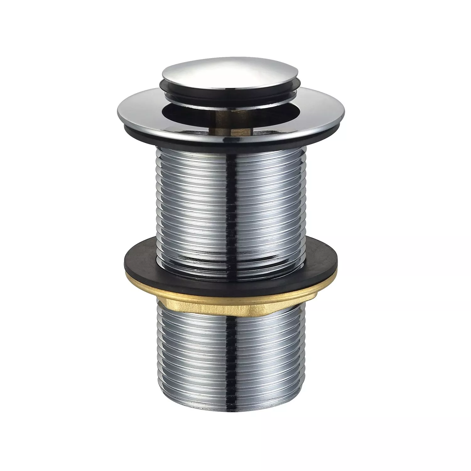 Chrome pop-up drain assembly for bathroom sink.