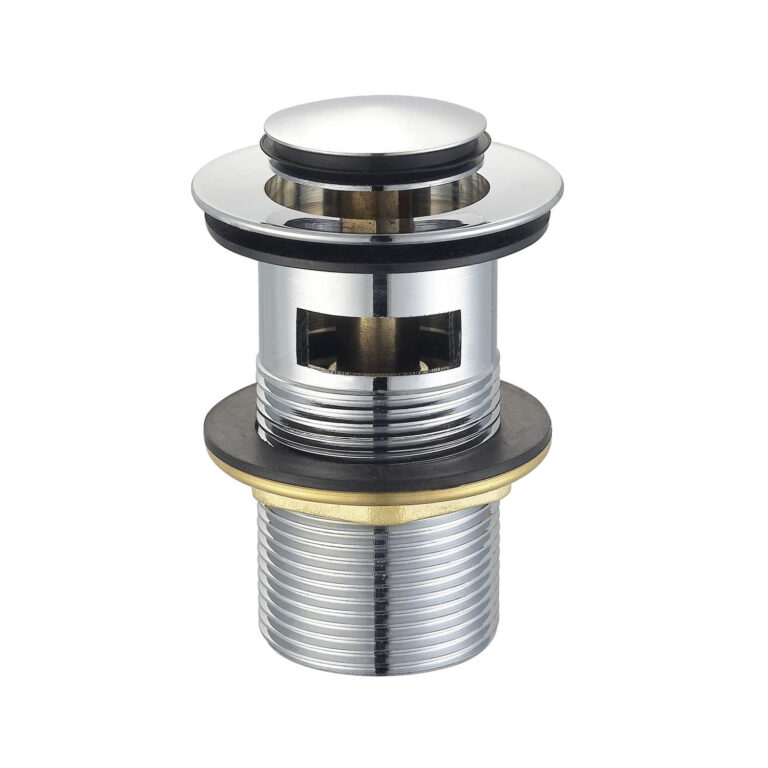 Chrome pop-up drain assembly for bathroom sink.