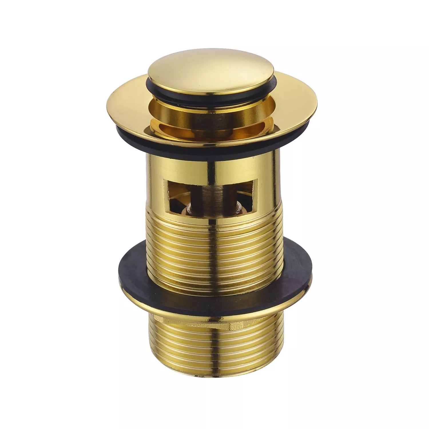 Gold pop-up drain stopper for bathroom sink.