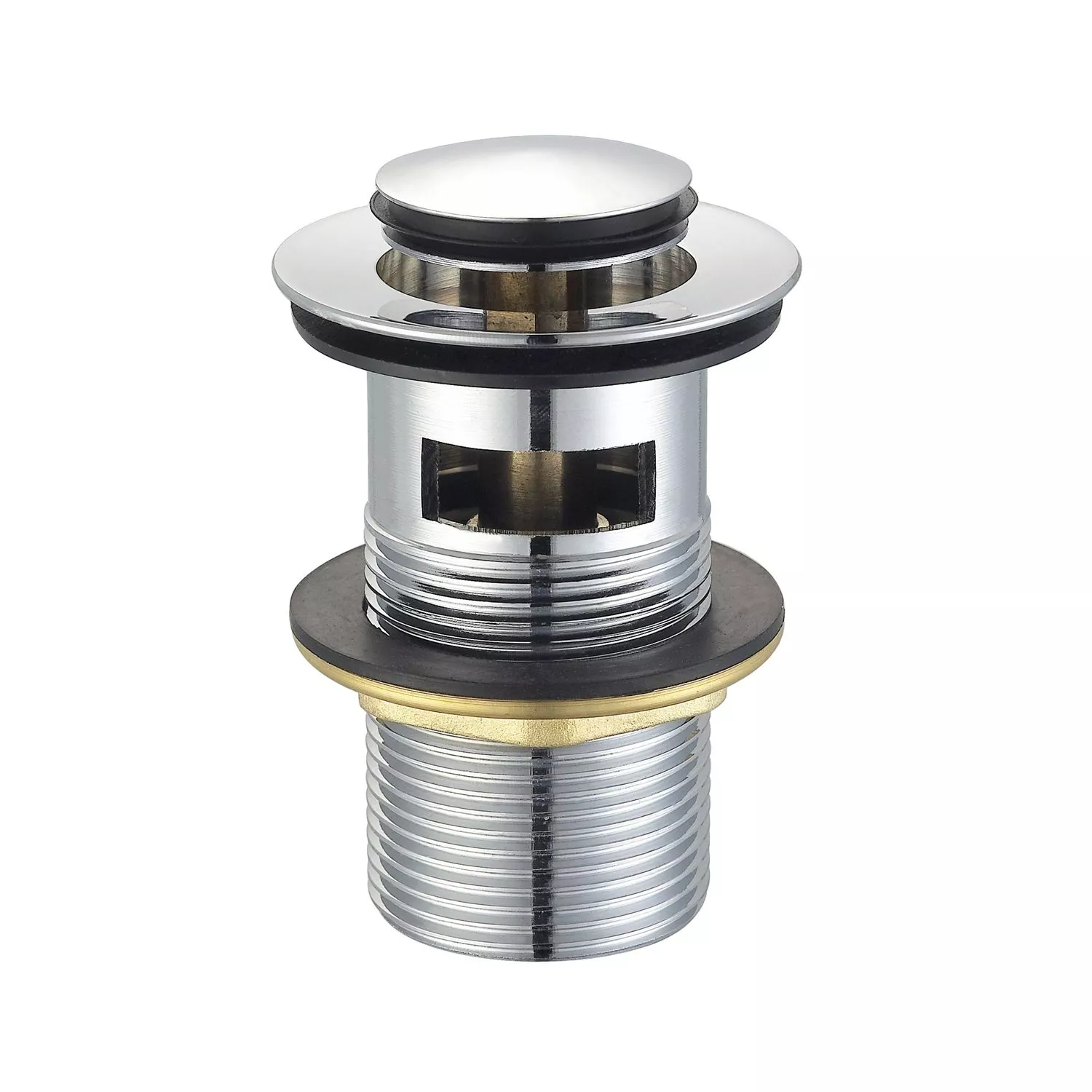 Chrome pop-up drain assembly for bathroom sink.