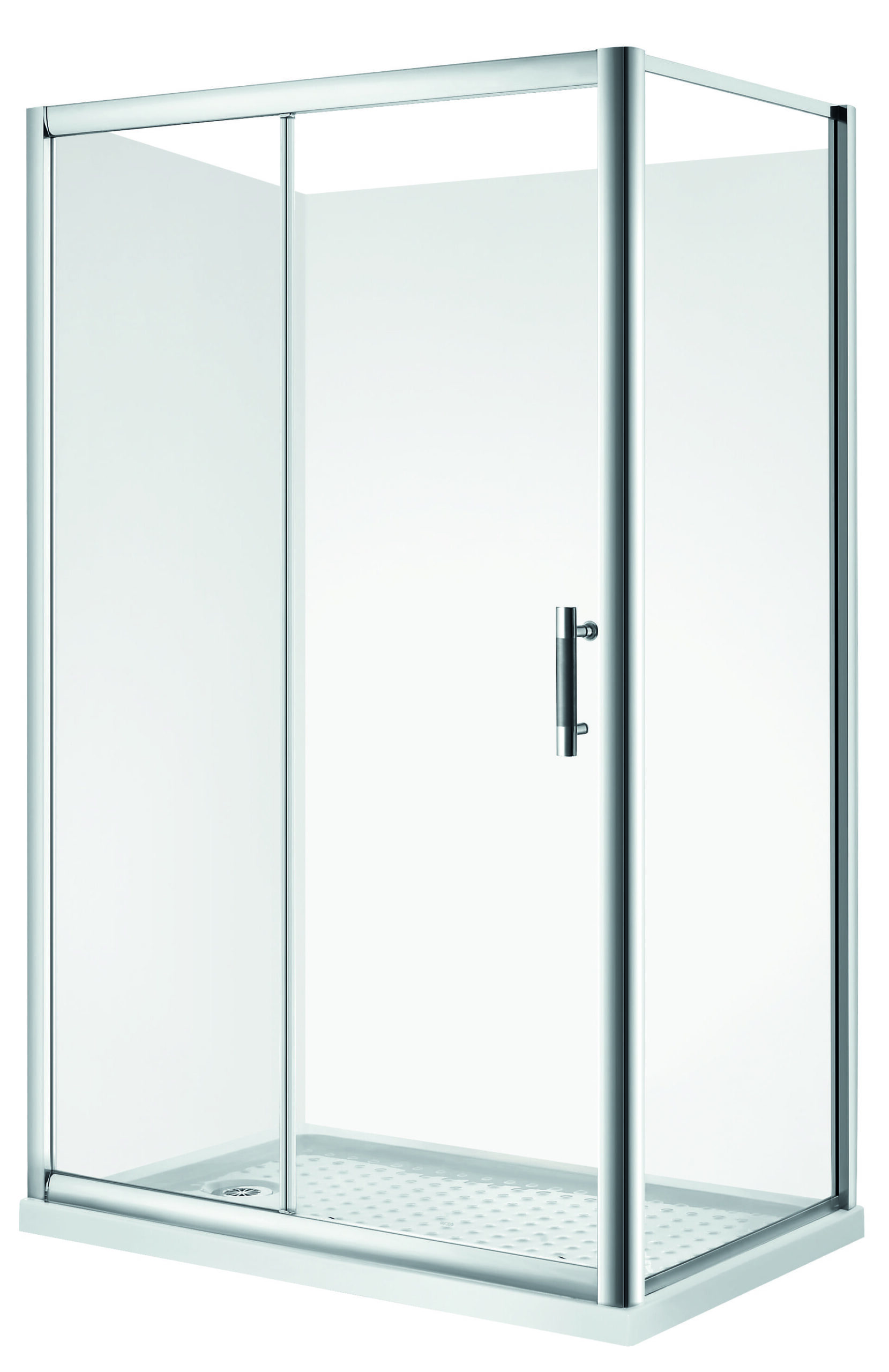 Glass shower enclosure with sliding door and metal frame.