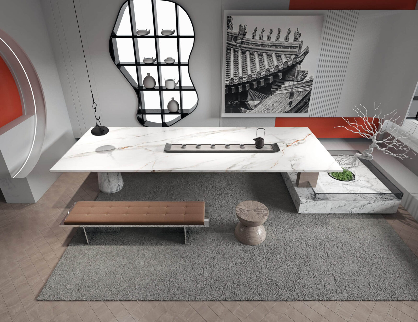 Modern kitchen with white marble island and decorative wall art.