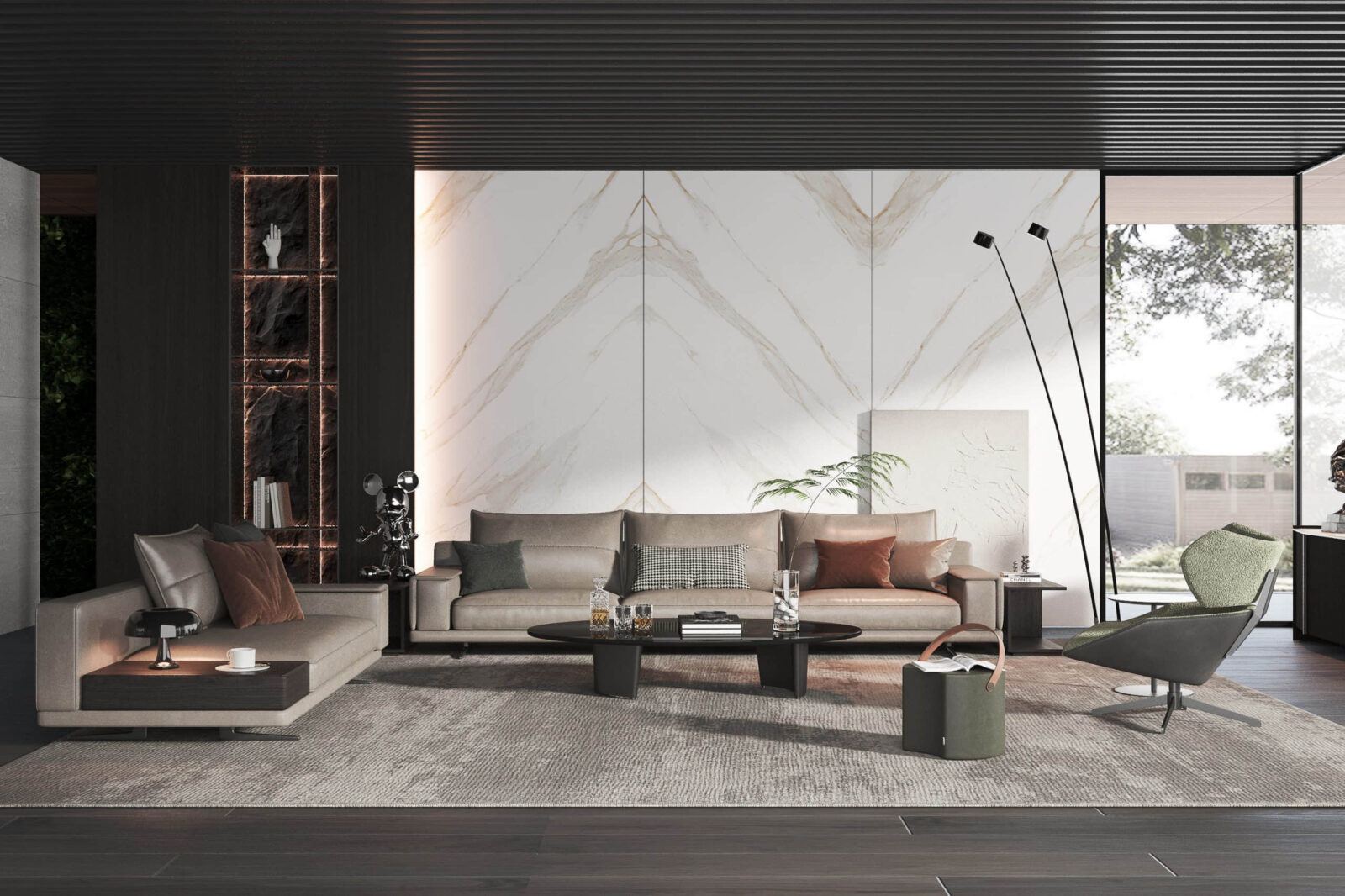 Modern living room with elegant marble accent wall and contemporary furniture.