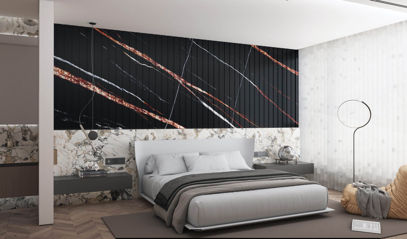 Modern bedroom with black and gold accent wall behind bed.